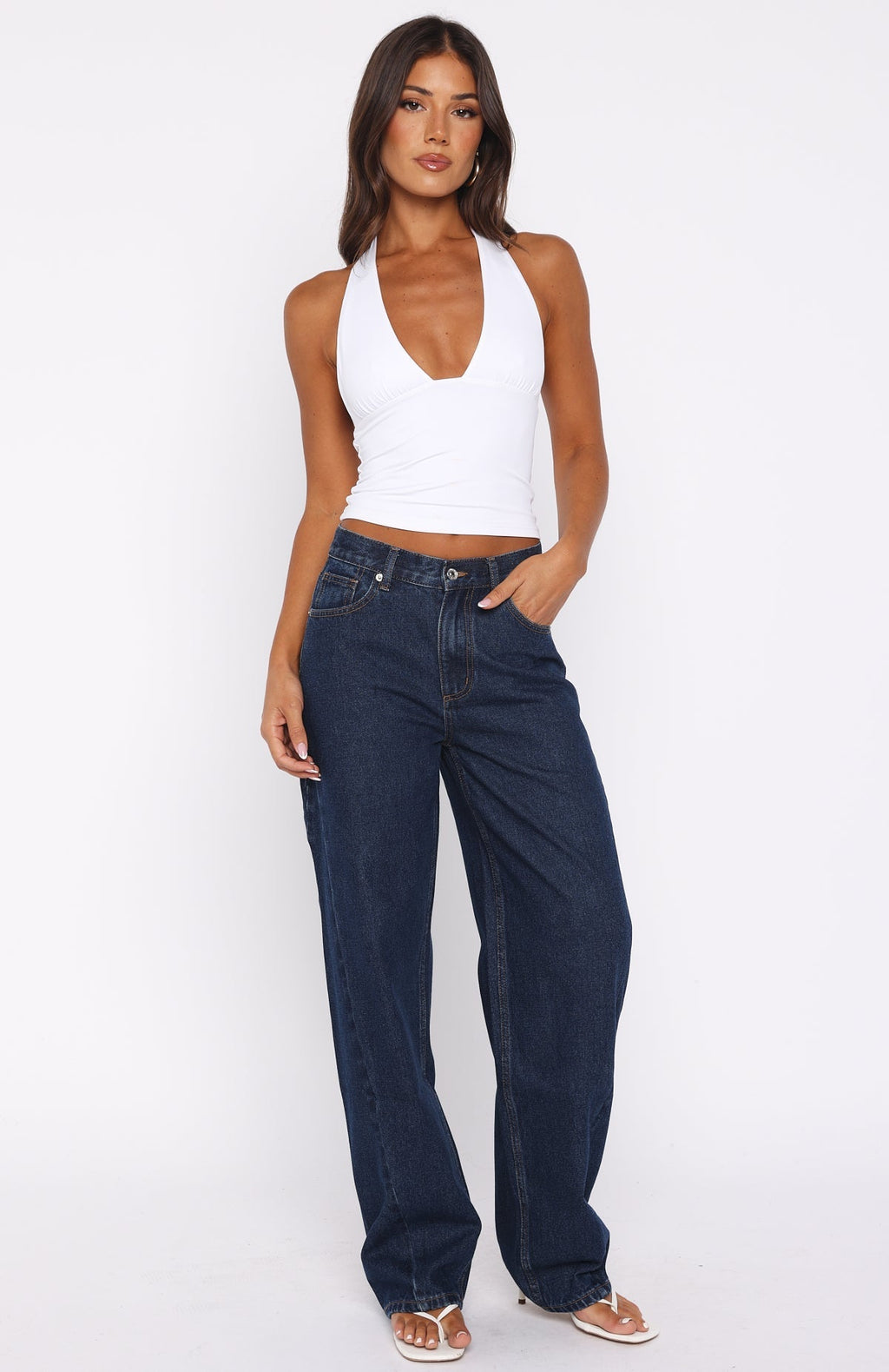 White Fox Kiara Mid Rise Barrel Leg Jeans Dark Blue