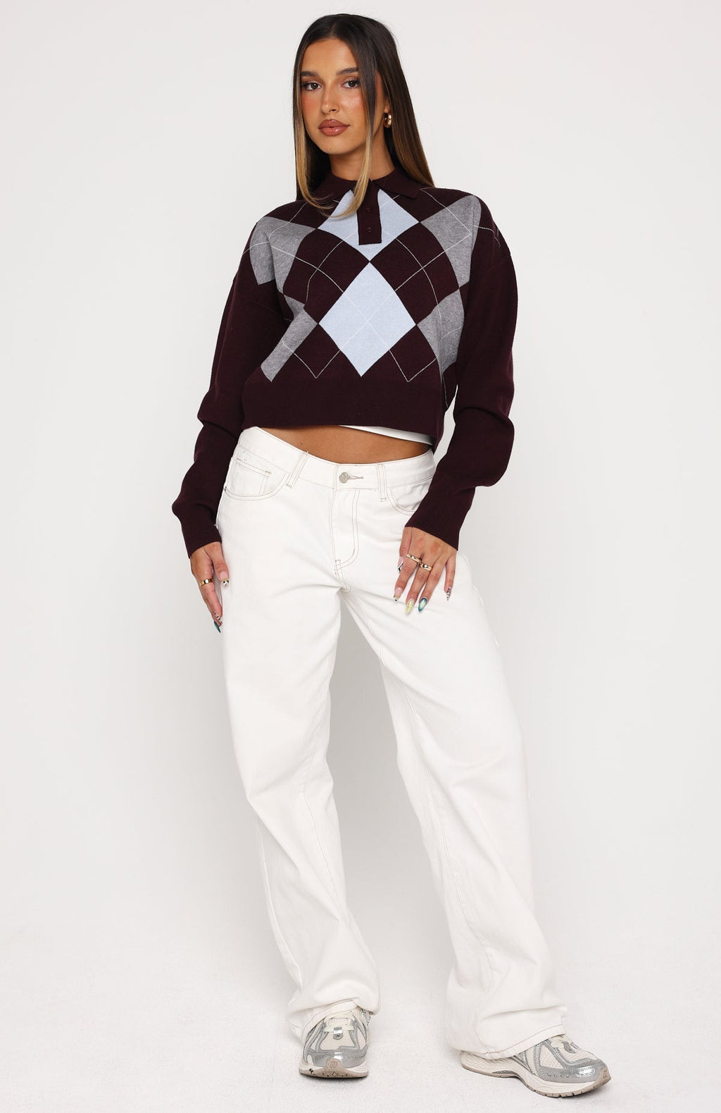 White Fox Cinzia Argyle Knit Sweater Mulled Merlot