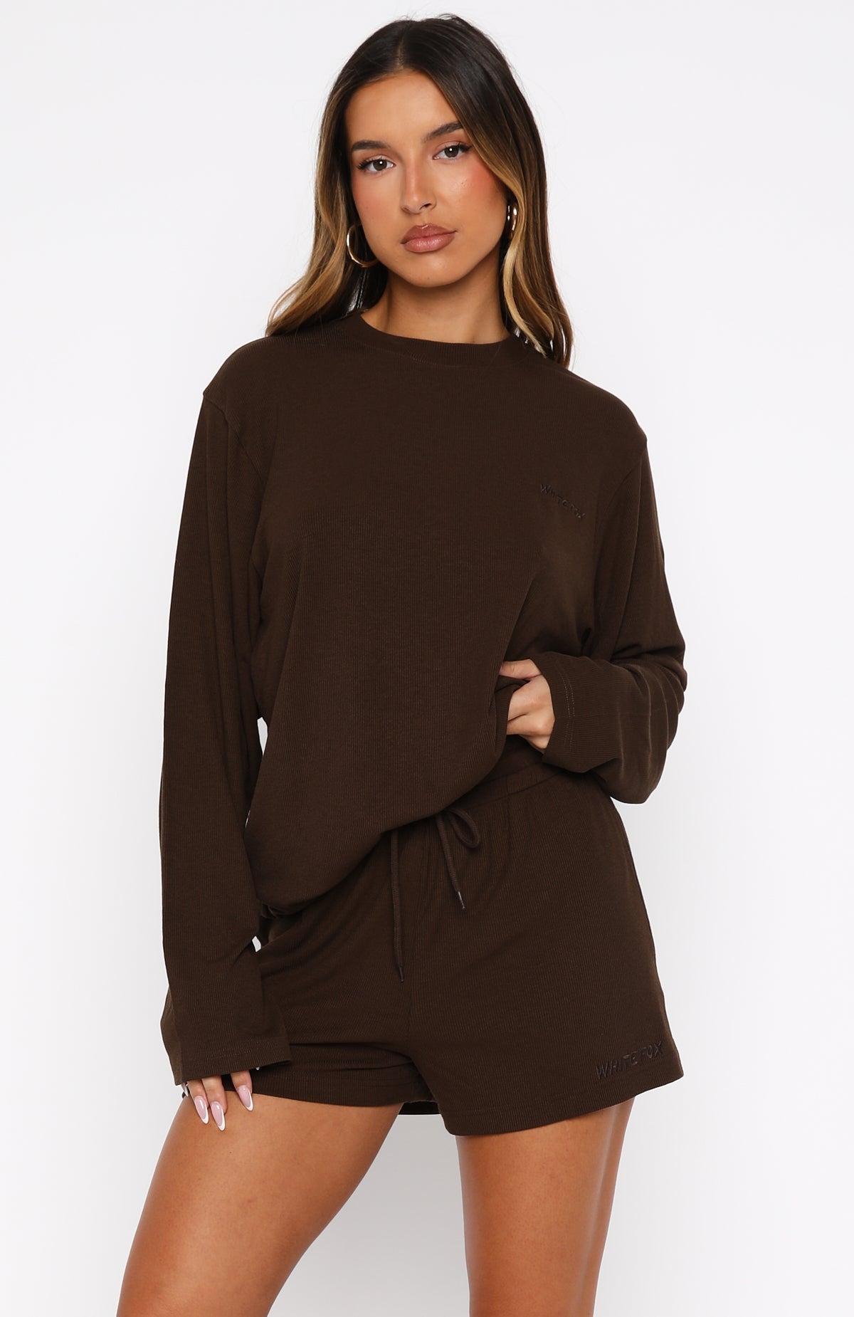 White Fox Come A Long Way Soft Lounge Ribbed Shorts Chocolate