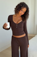 White Fox Dreamy Button Up Long Sleeve Pyjama Top Chocolate