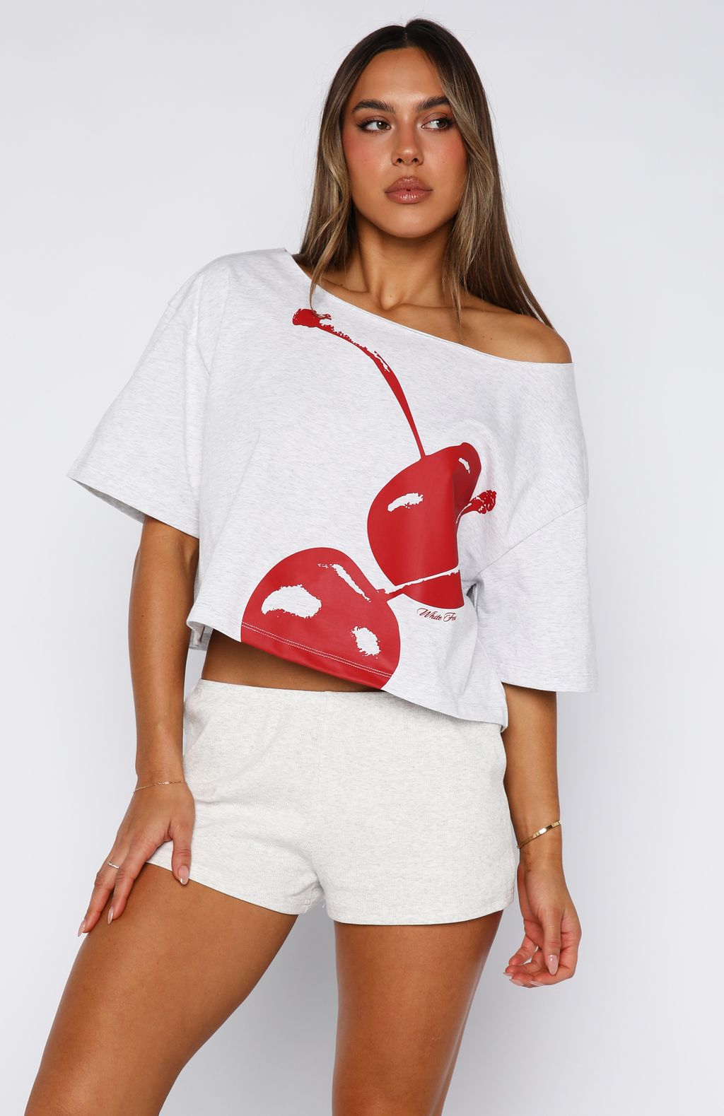 White Fox Just In Time Off Shoulder Cropped Tee Grey Marle