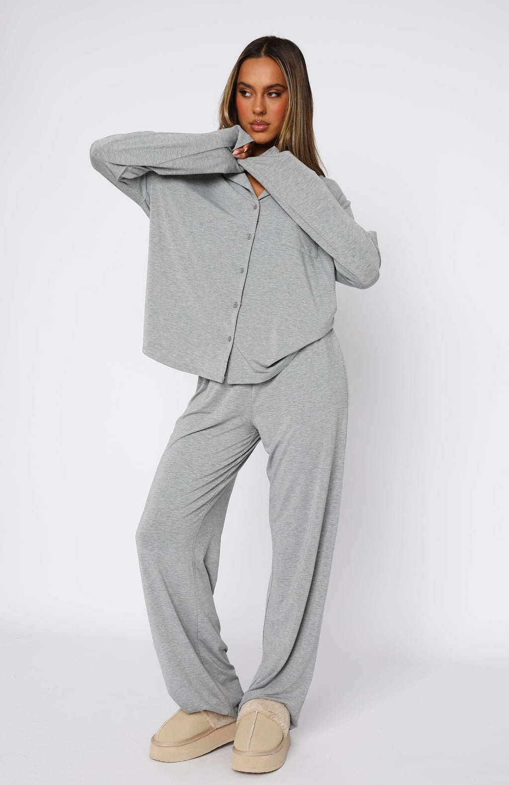 White Fox Pillow Talk Long Sleeve Pyjama Set Grey Marle