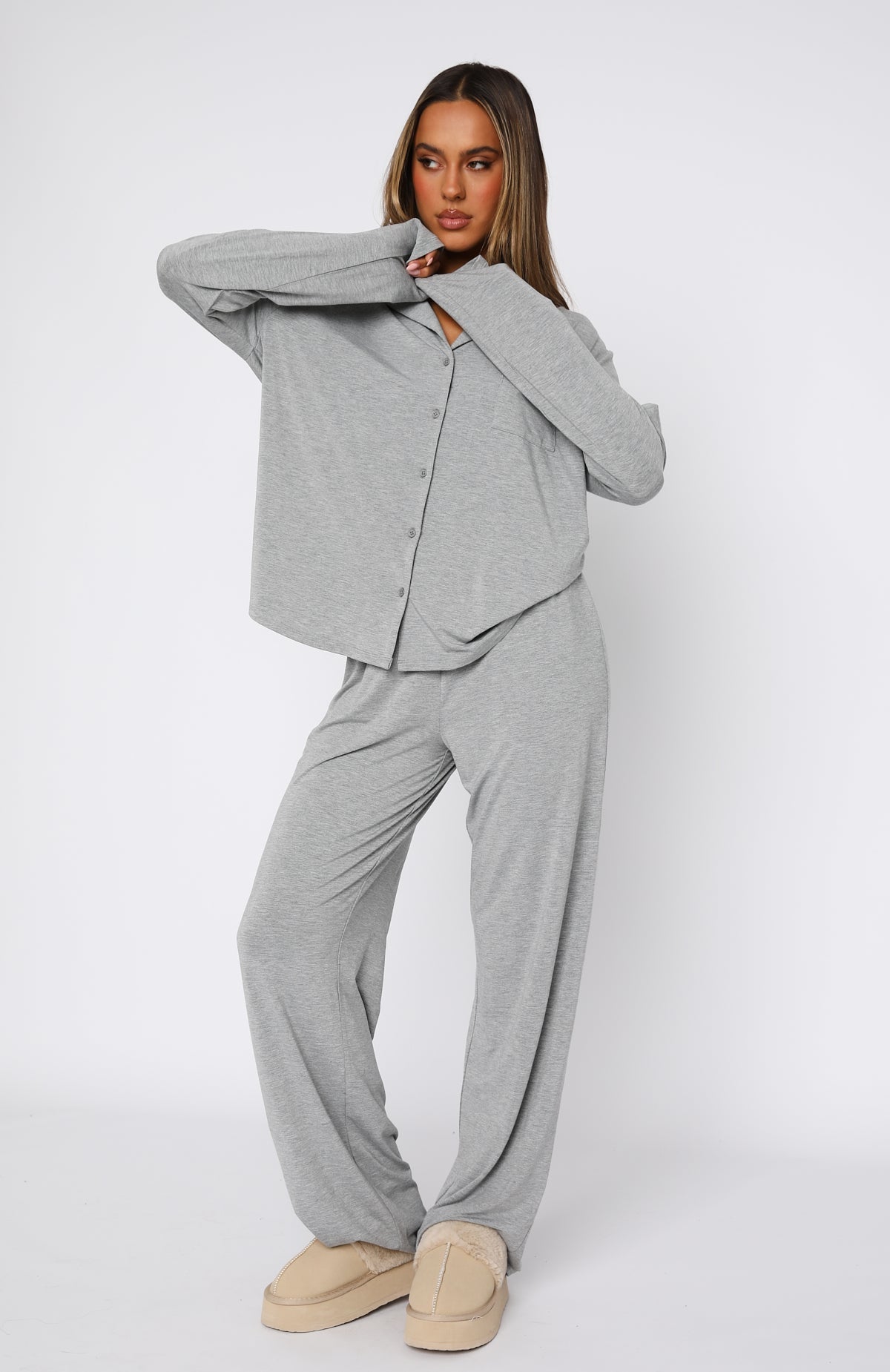 White Fox Pillow Talk Long Sleeve Pyjama Set Grey Marle