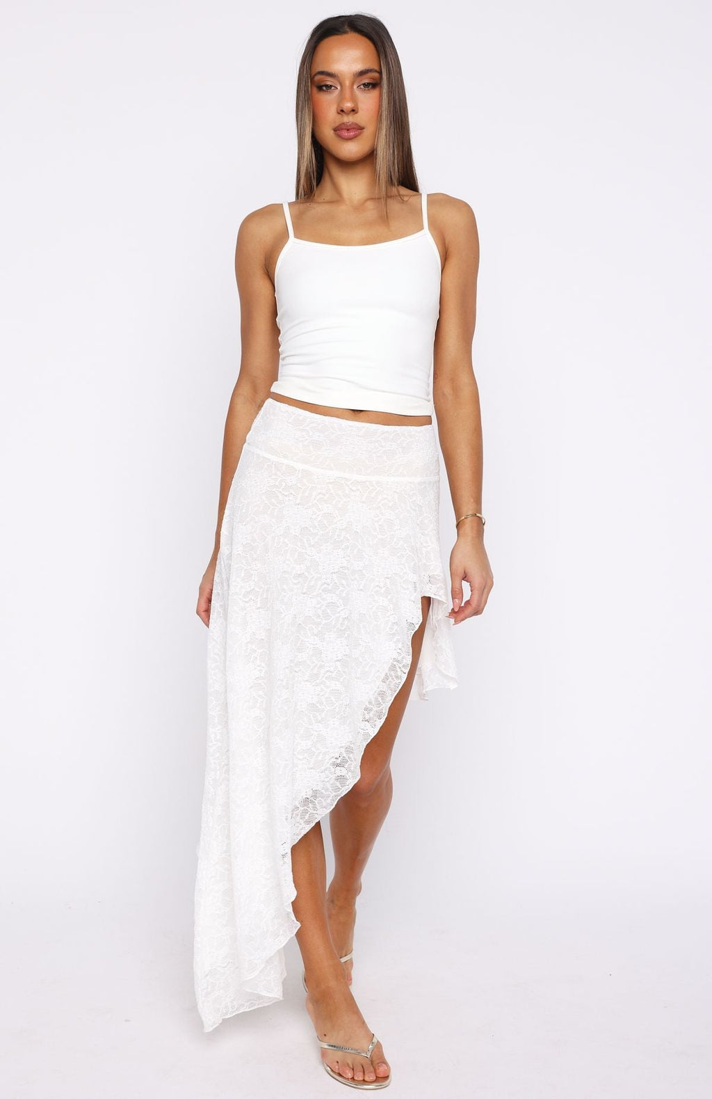 White Fox Dancing On My Own Lace Midi Skirt White