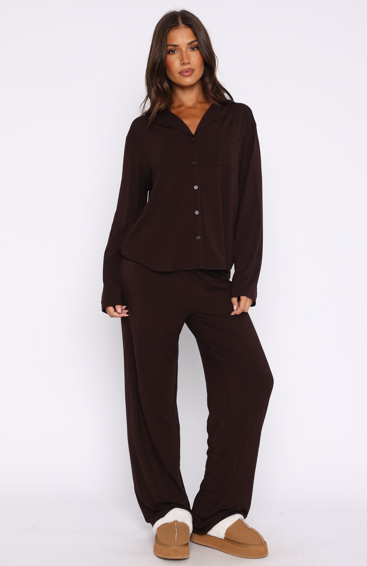 White Fox Pillow Talk Long Sleeve Pyjama Set Chocolate