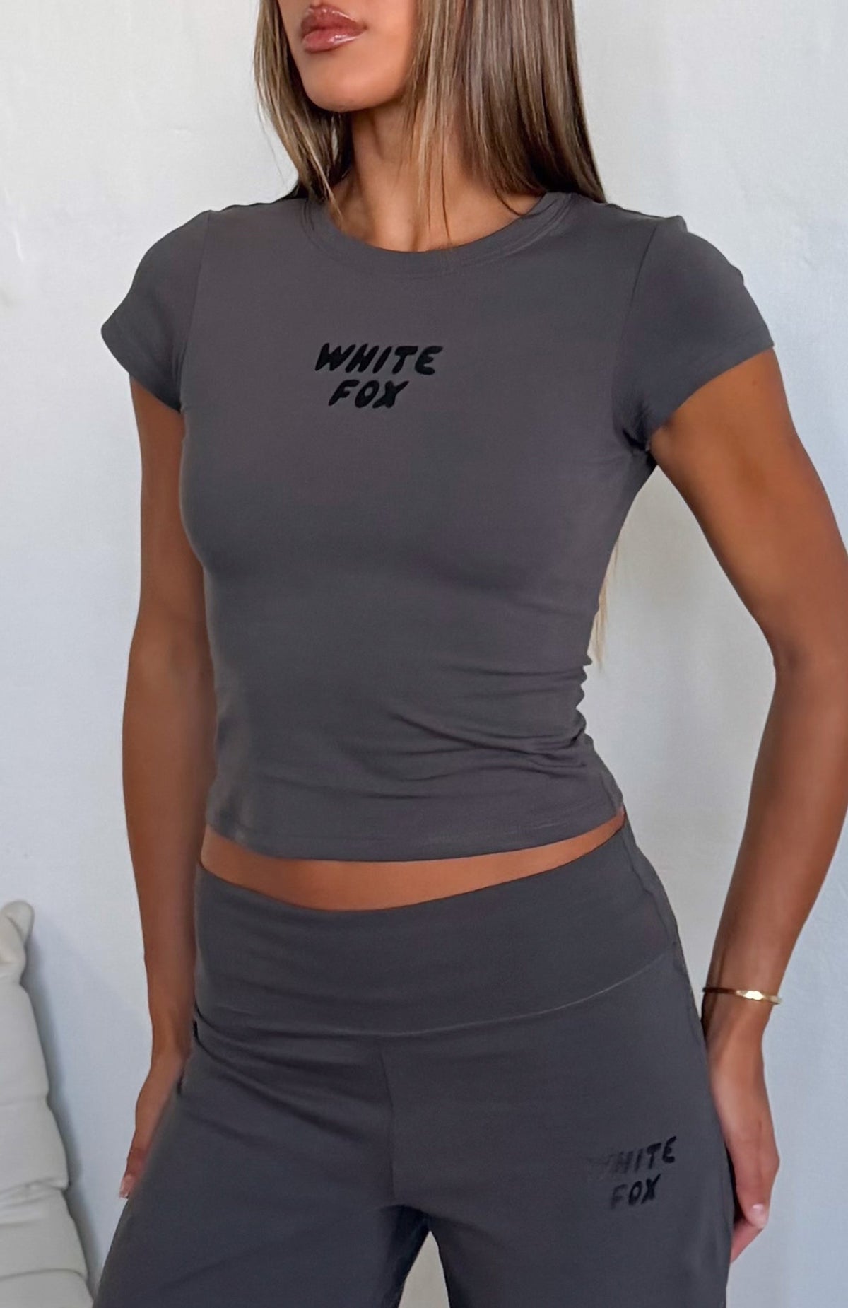 White Fox Break The Records Baby Tee Charcoal