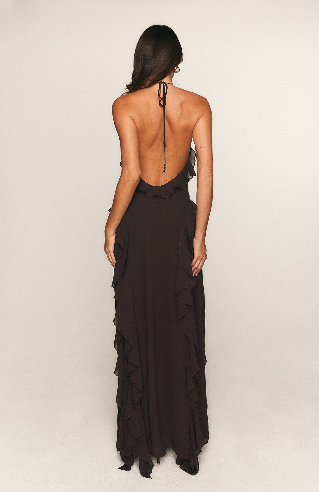 White Fox Control The Vibe Halter Maxi Dress Chocolate