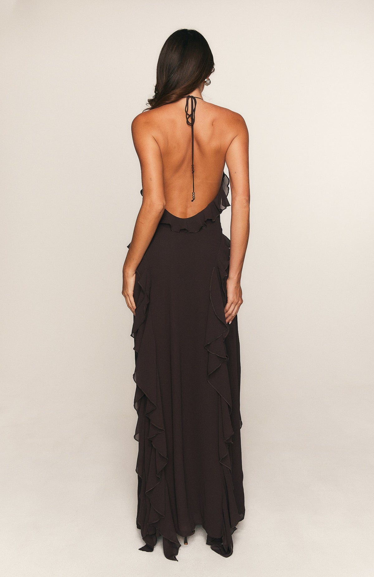 White Fox Control The Vibe Halter Maxi Dress Chocolate