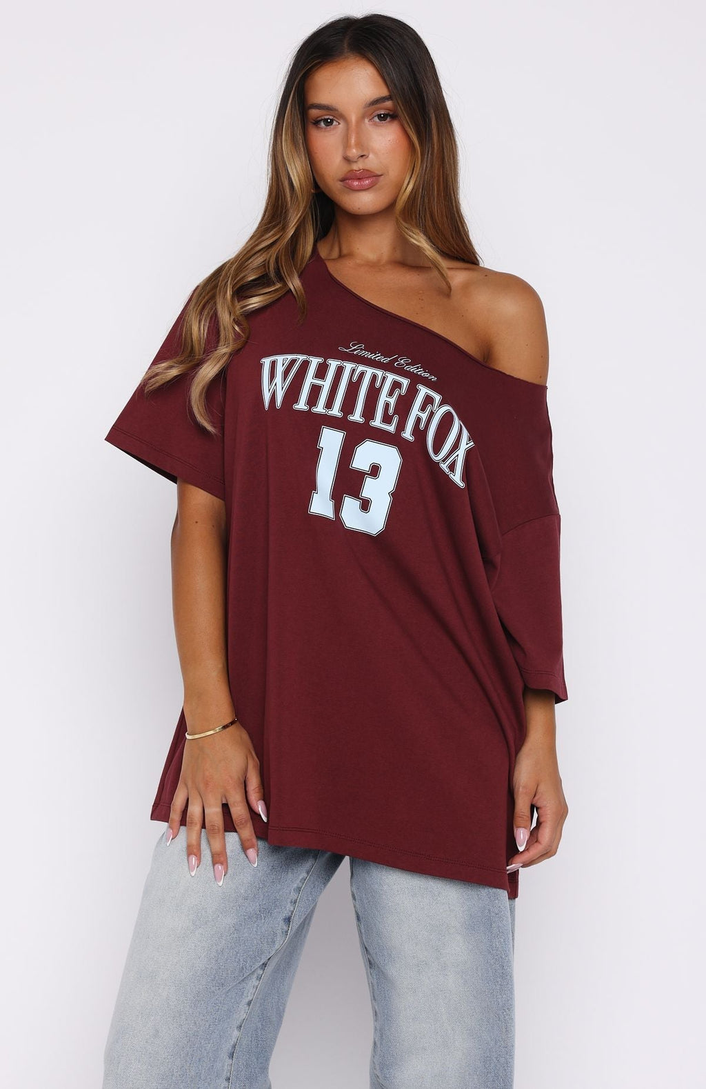 White Fox Everything In Time Off Shoulder Oversized Tee Burgundy