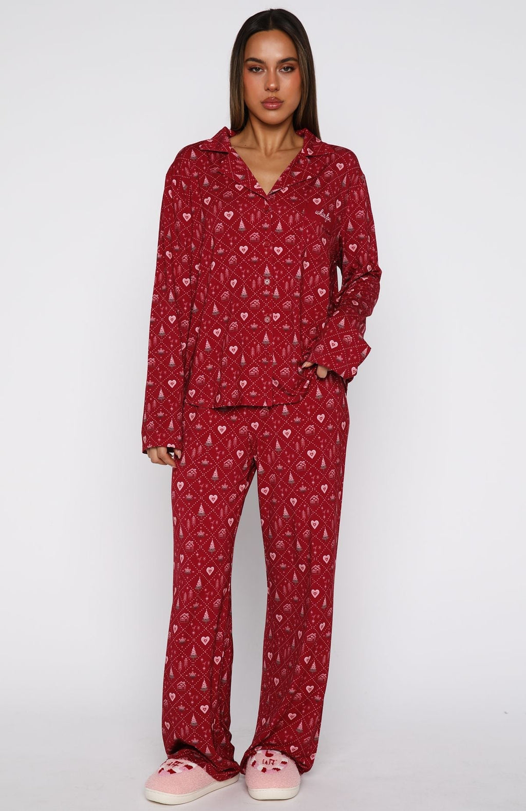 White Fox Pillow Talk Printed Long Sleeve Pyjama Set Cherry Noel