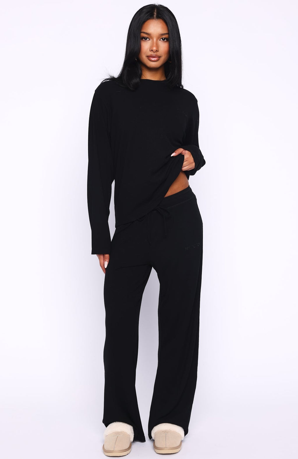 White Fox Come A Long Way Soft Lounge Ribbed Wide Leg Pants Black
