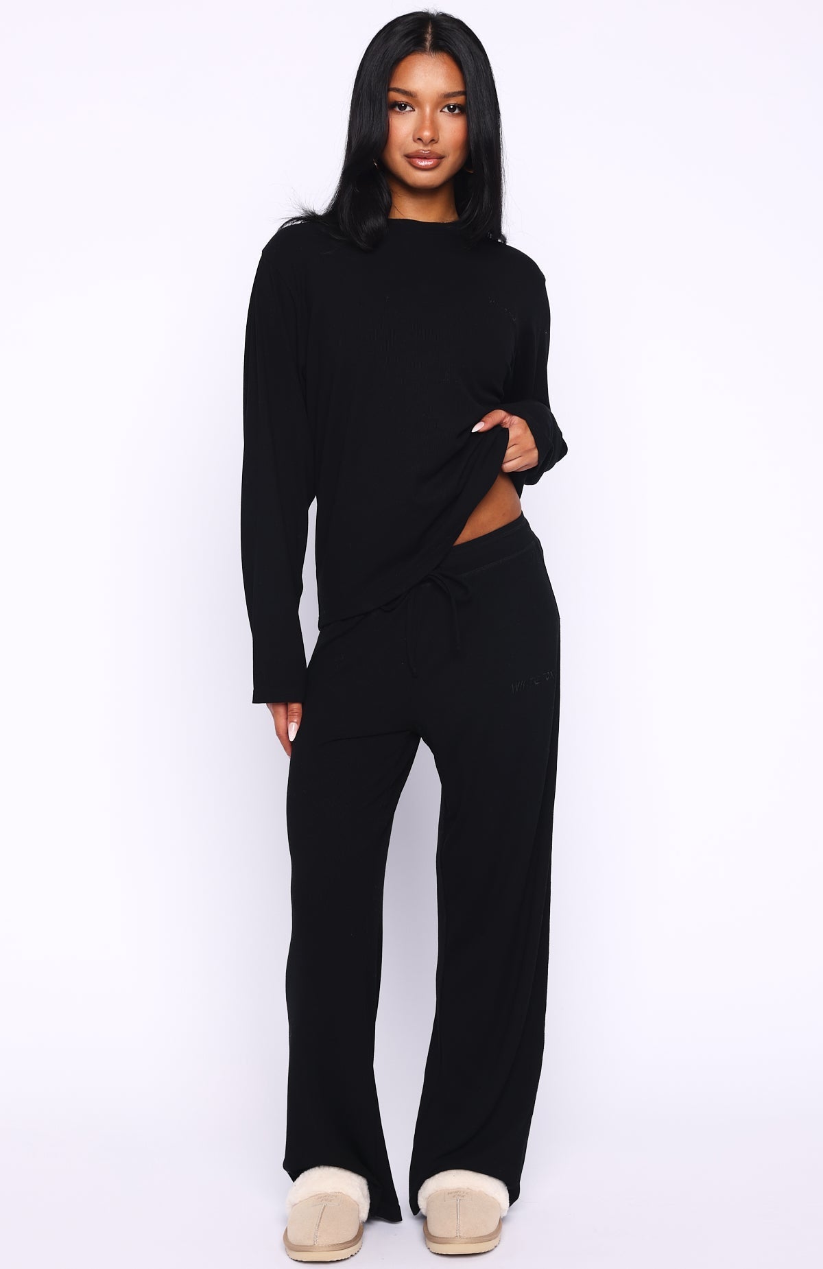 White Fox Come A Long Way Soft Lounge Ribbed Wide Leg Pants Black