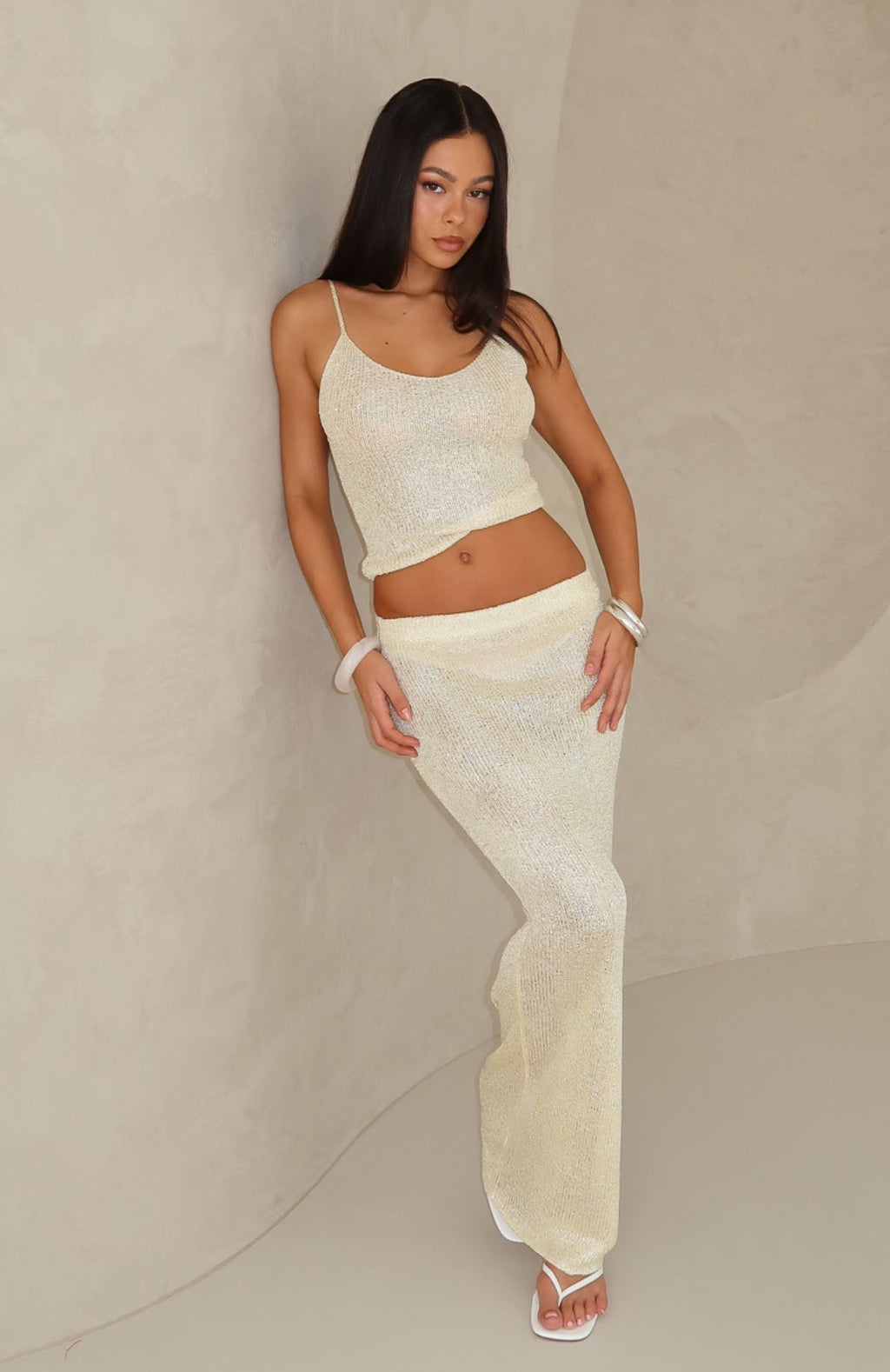 White Fox Star Shining Sequin Knit Maxi Skirt Lemon