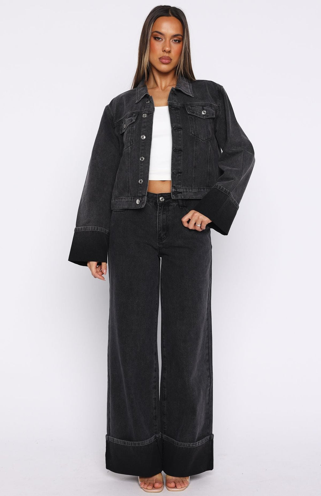 White Fox Charlotte Mid Rise Wide Leg Jeans Black Acid
