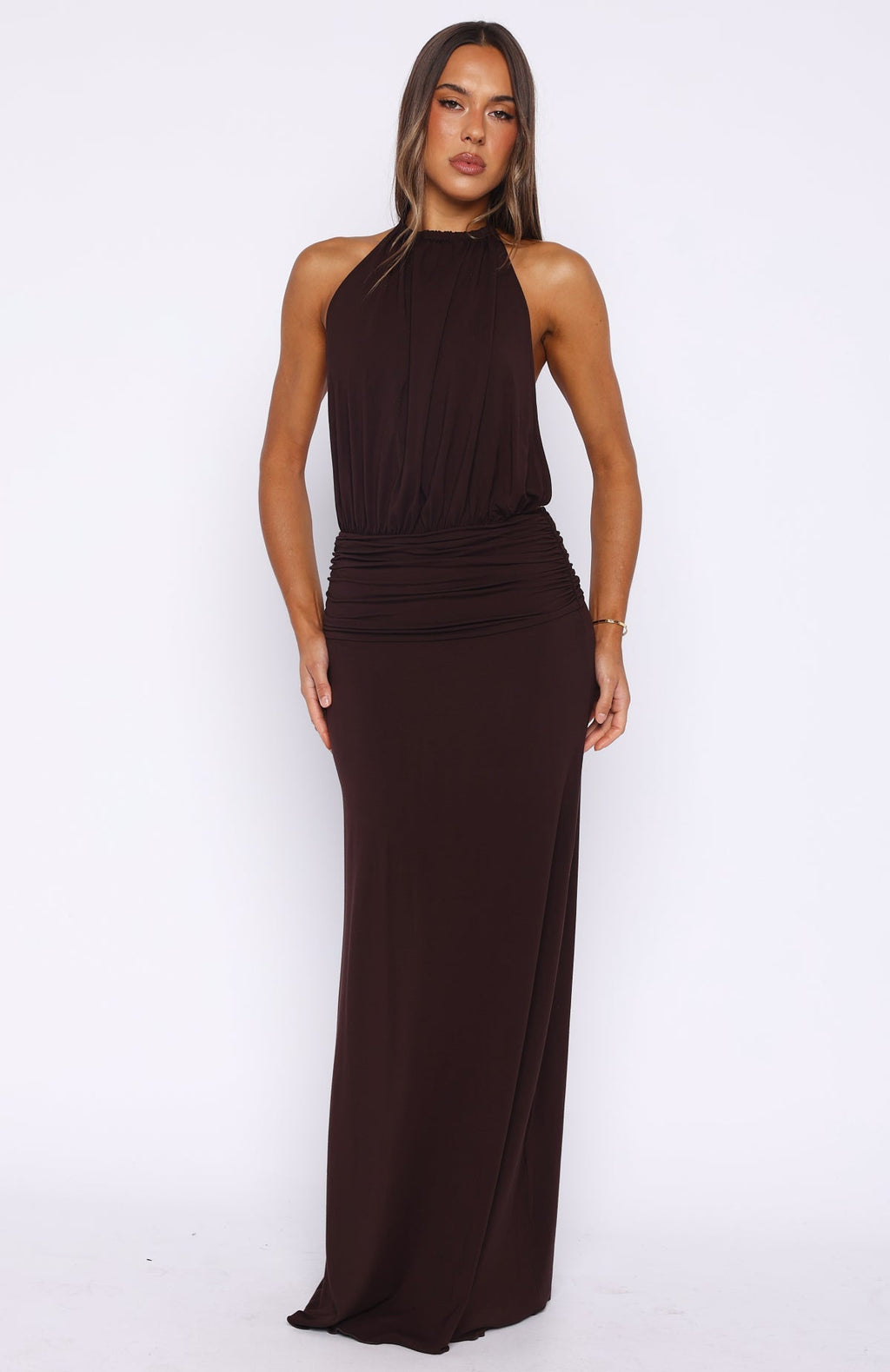 White Fox She's Got That Look Halter Neck Maxi Dress Dark Chocolate