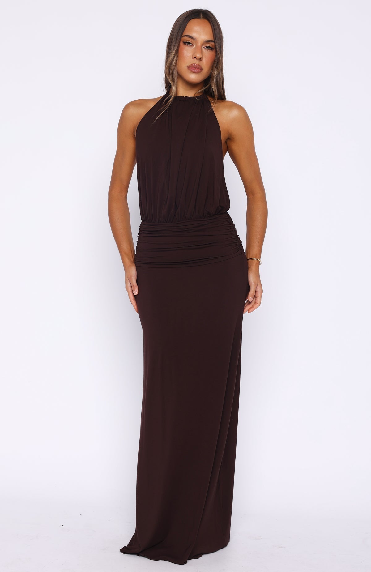 White Fox She's Got That Look Halter Neck Maxi Dress Dark Chocolate
