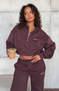 White Fox Test Drive Boxy Quarter Zip Sweater Chocolate