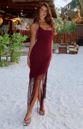White Fox Tangled Romance Fringe Midi Dress Plum