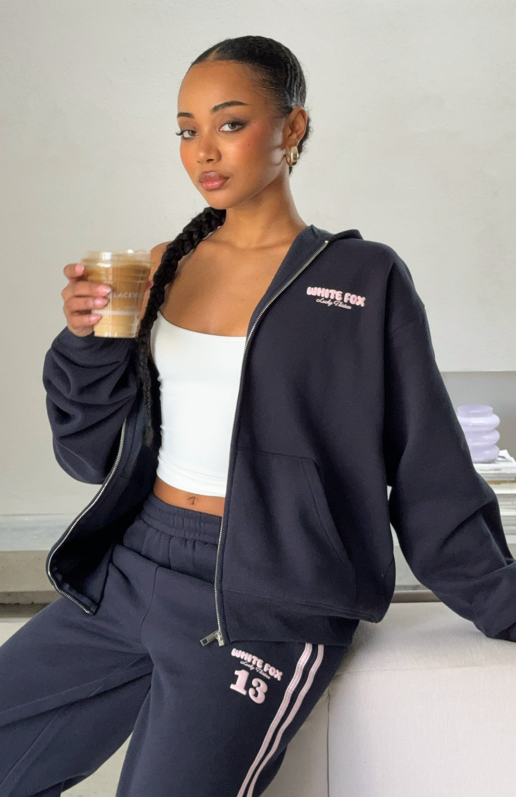 White Fox Lucky Thirteen Charise Zip Front Hoodie Navy