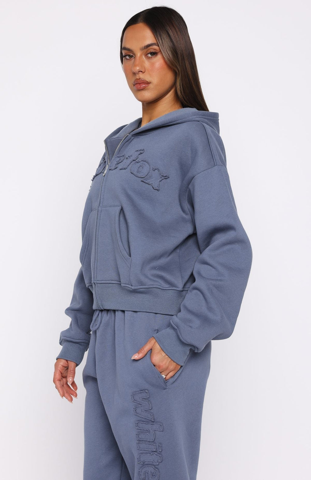 White Fox From The Archives Lexi Boxy Zip Front Hoodie Ocean