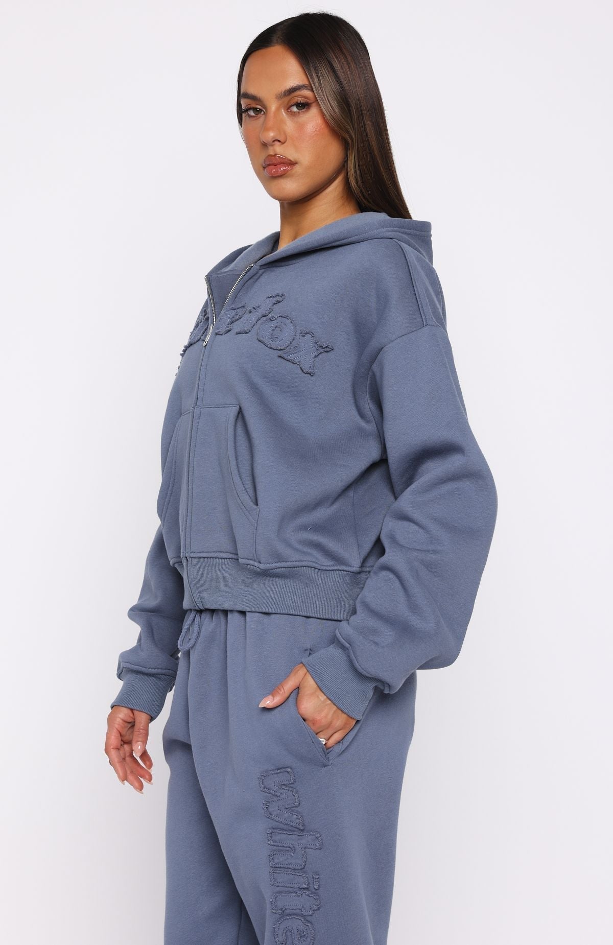 White Fox From The Archives Lexi Boxy Zip Front Hoodie Ocean