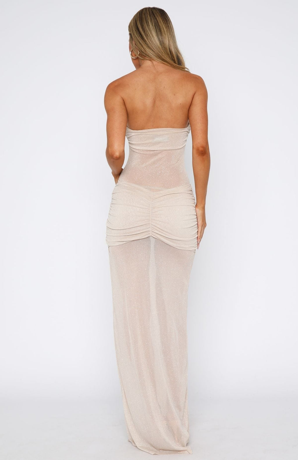 White Fox Sheer Grace Strapless Glitter Maxi Dress Champagne