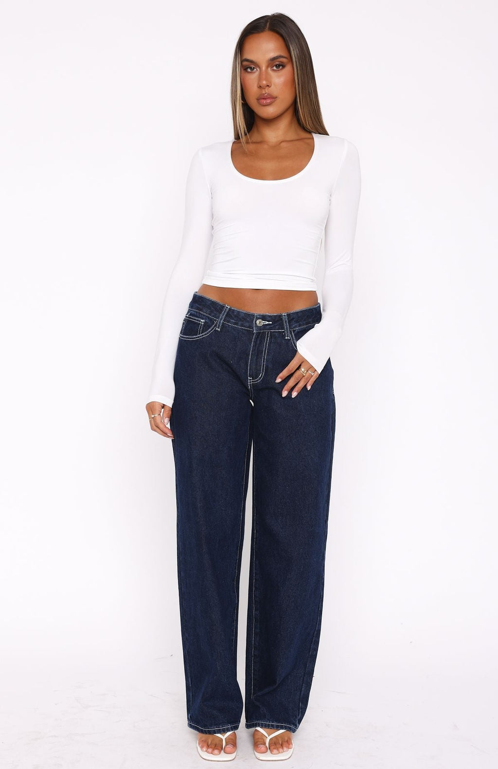 White Fox Bring The Style Low Rise Wide Leg Jeans Dark Indigo