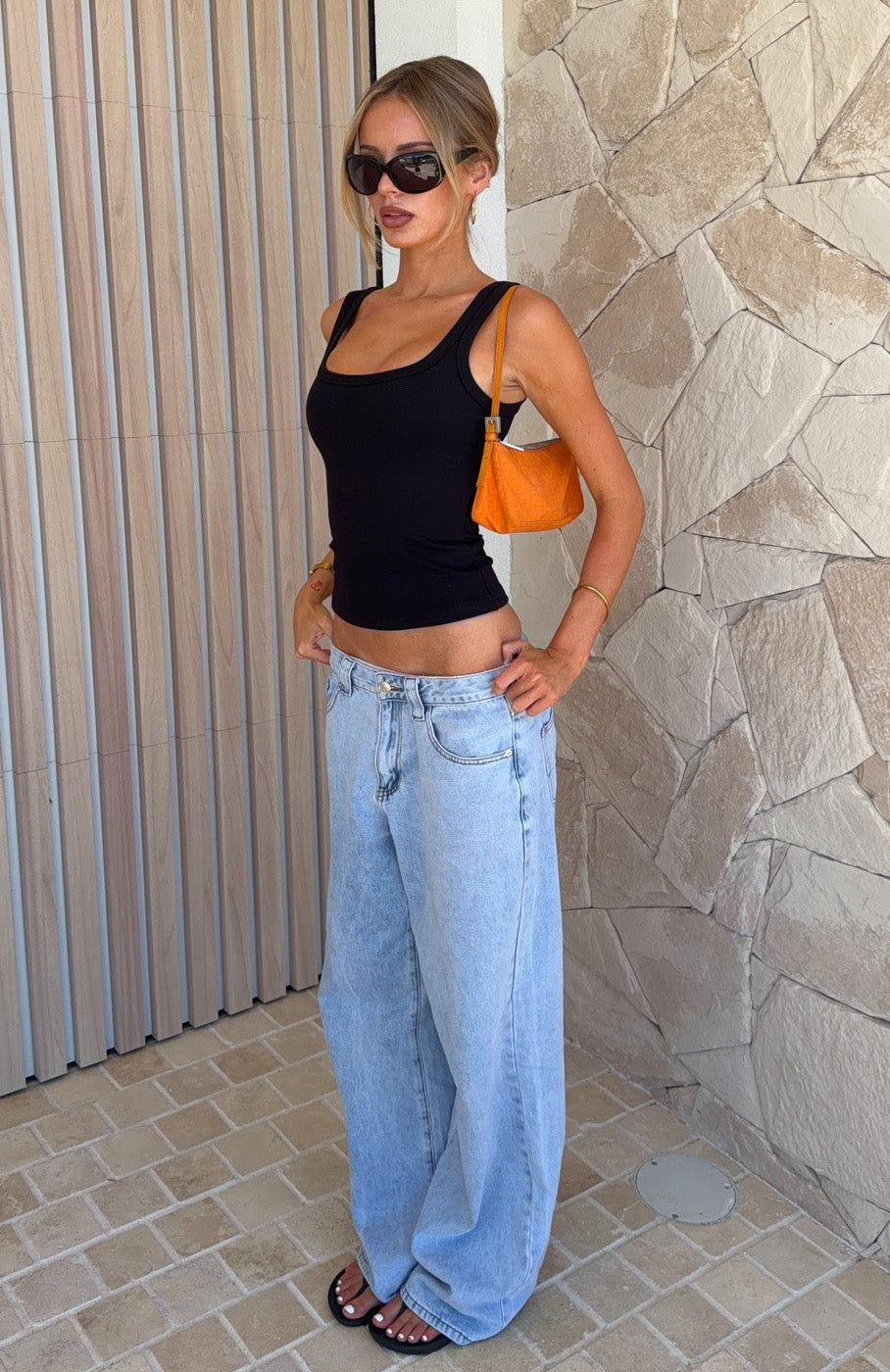 White Fox Clarissa Low Rise Wide Leg Jeans Mid Blue