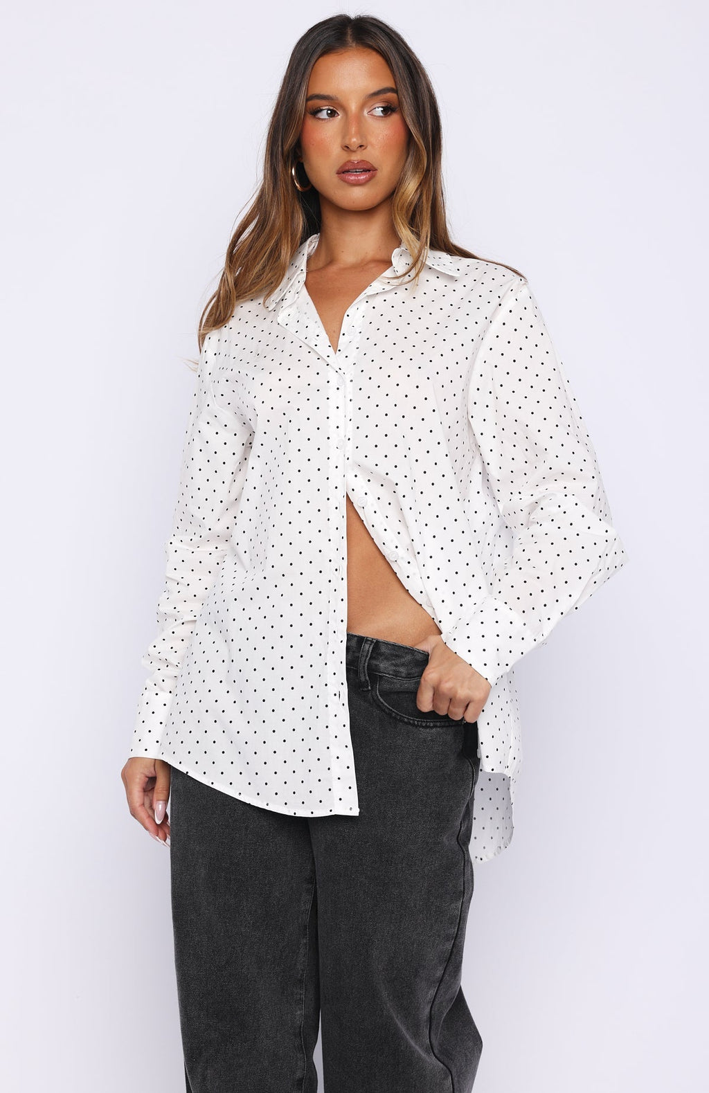 White Fox Always About Us Button Up Shirt White Polka Dot