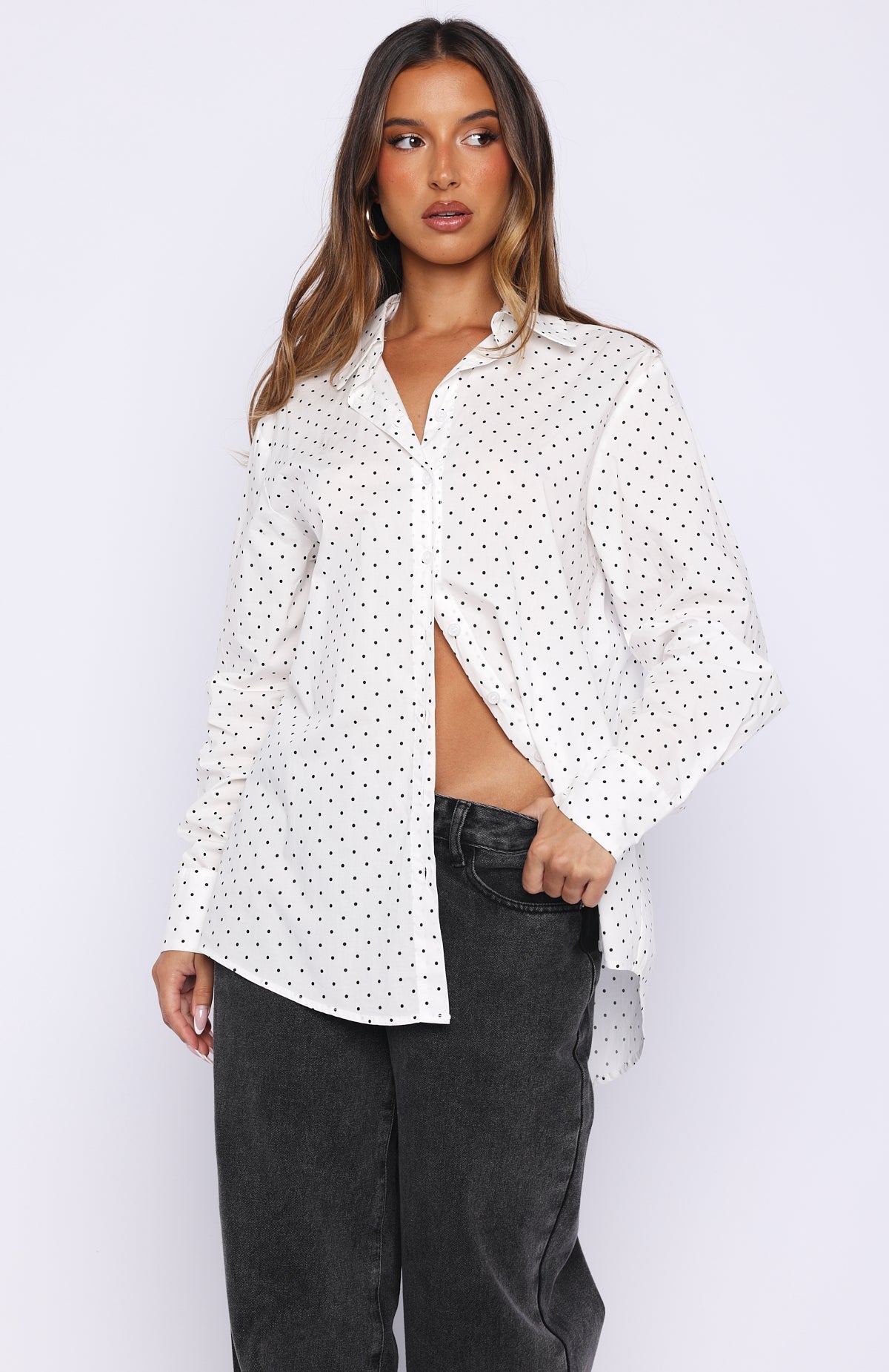 White Fox Always About Us Button Up Shirt White Polka Dot
