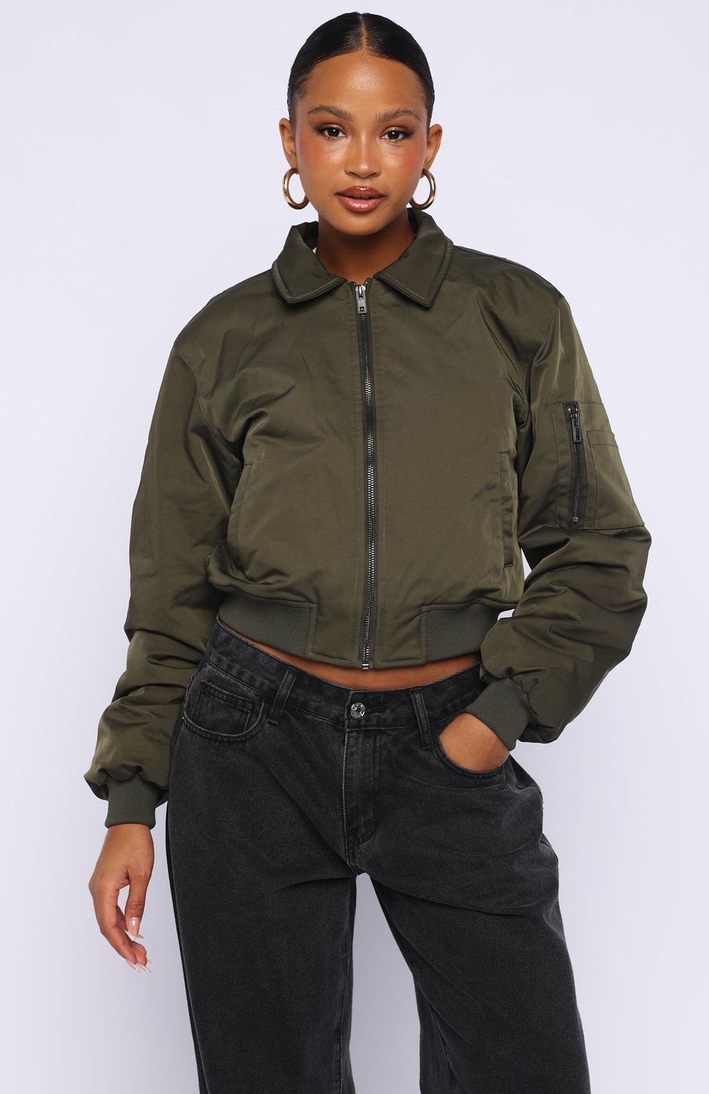 White Fox Something Forgotten Bomber Jacket Khaki