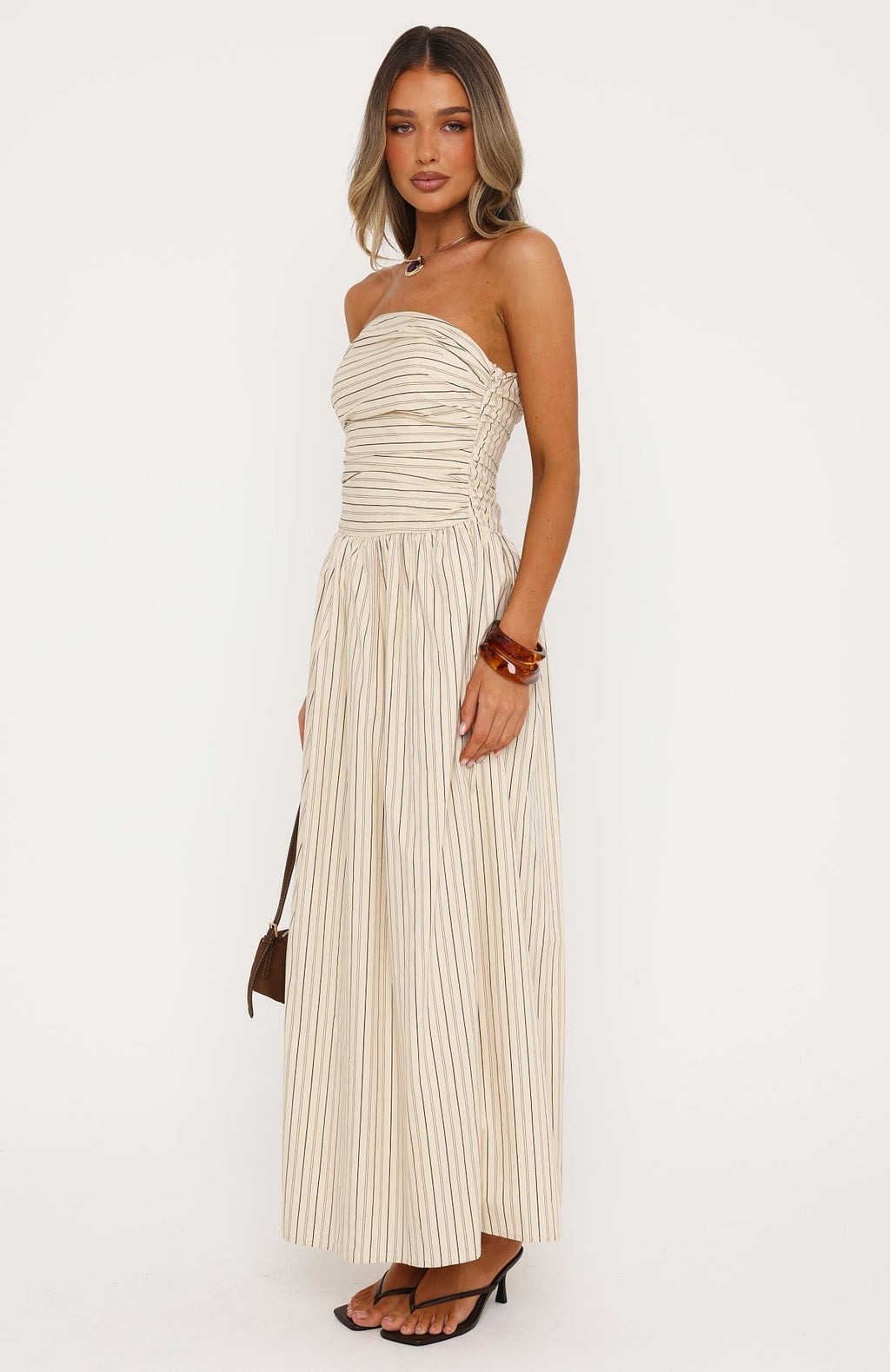 White Fox Blush Of Fate Strapless Maxi Dress Cream/Chocolate Stripe