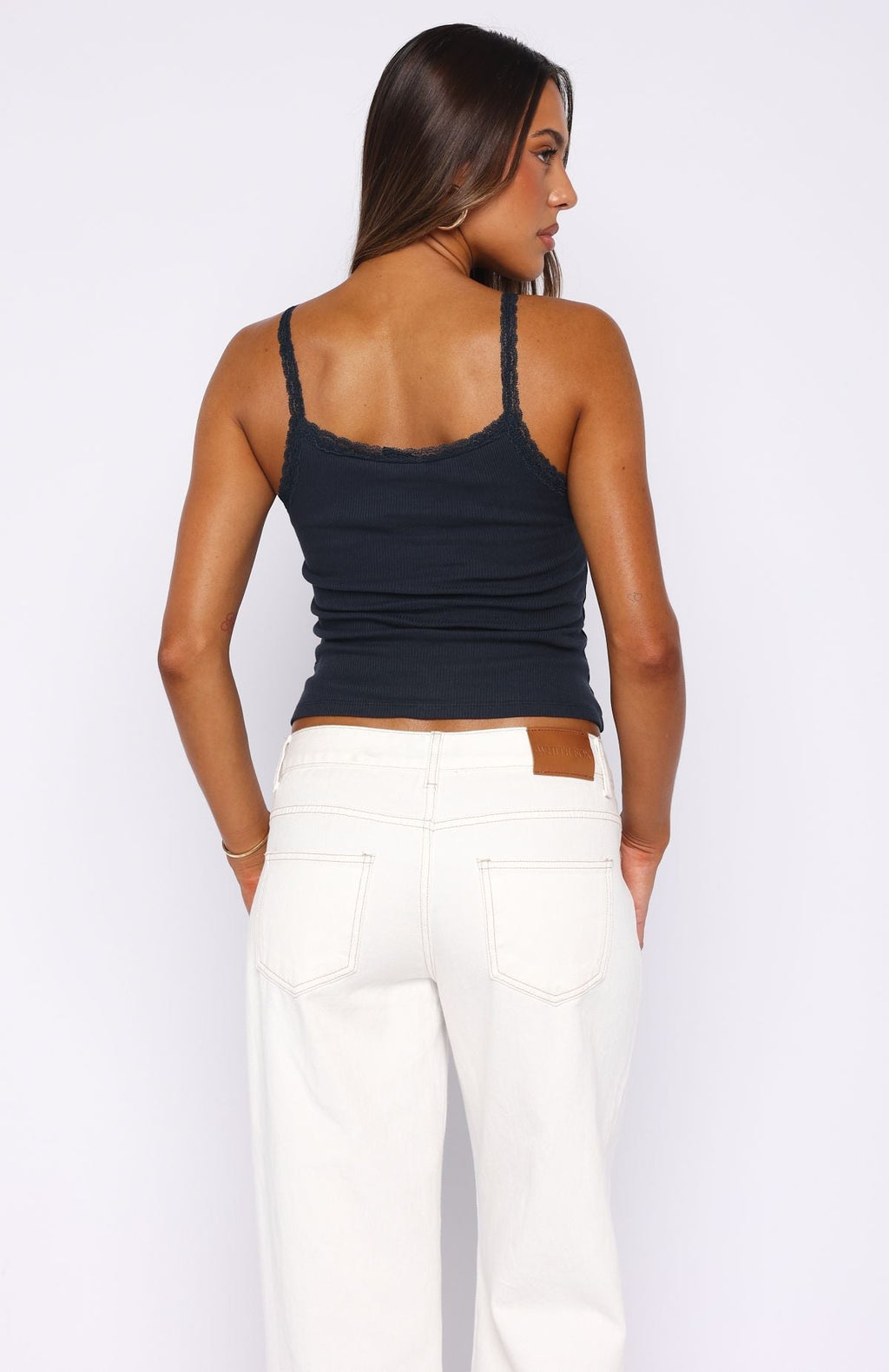 White Fox Holding On To You Lace Trim Top Navy