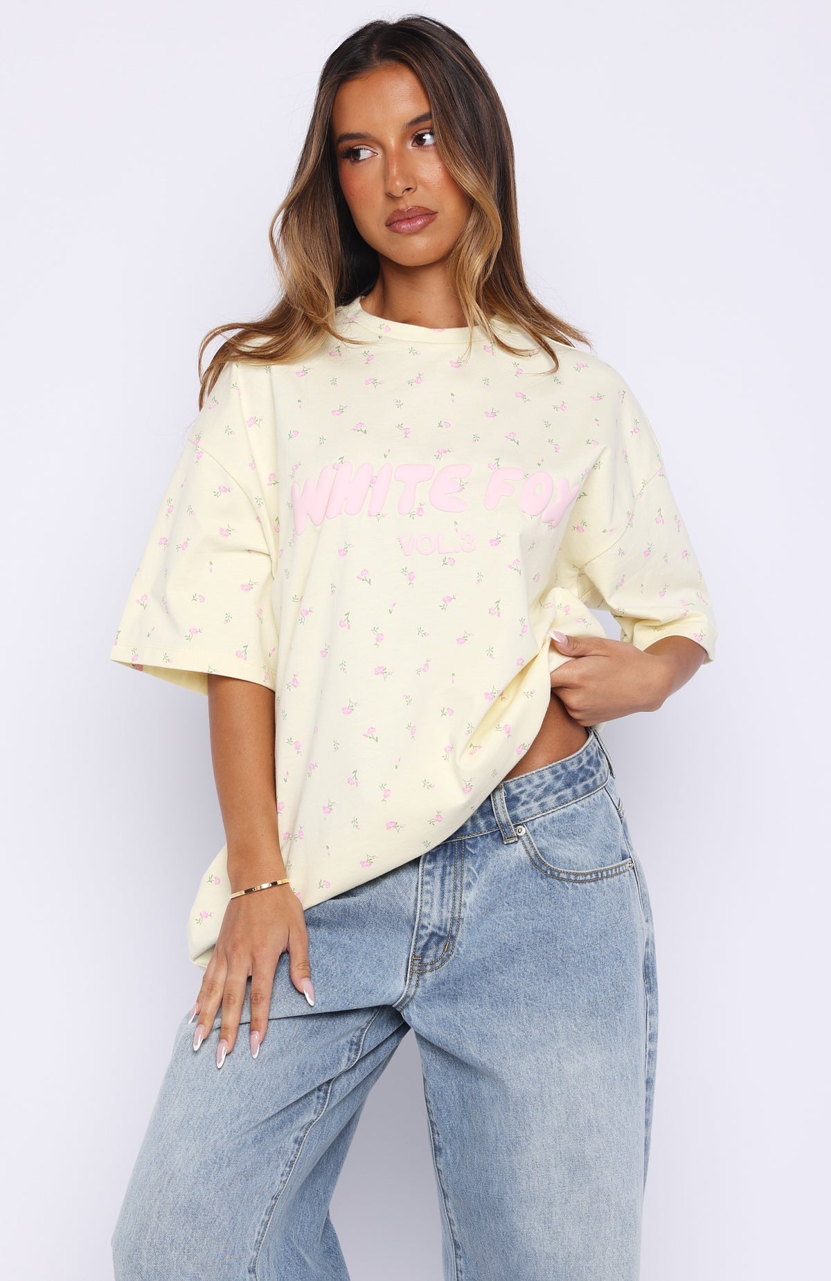 White Fox Offstage Printed Oversized Tee Lemon Ditsy