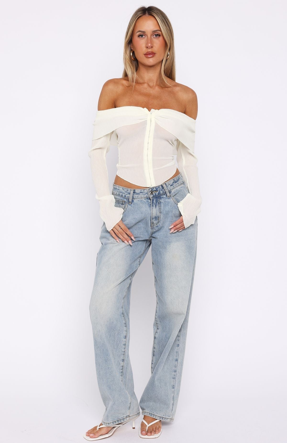 White Fox Mood Forever Long Sleeve Off Shoulder Top Cream