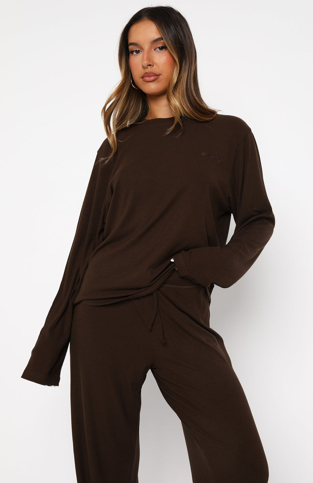 White Fox Come A Long Way Soft Lounge Long Sleeve Ribbed Tee Chocolate