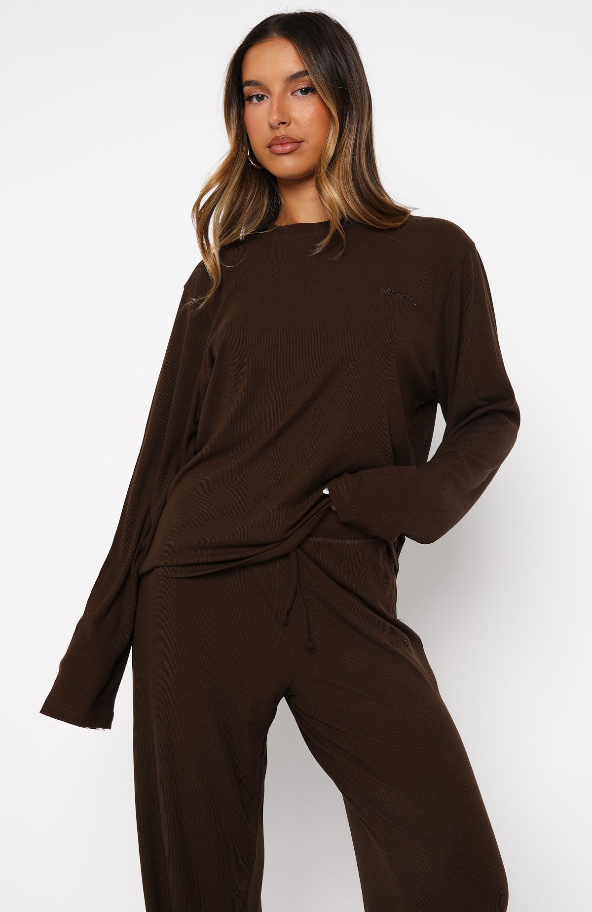 White Fox Come A Long Way Soft Lounge Long Sleeve Ribbed Tee Chocolate