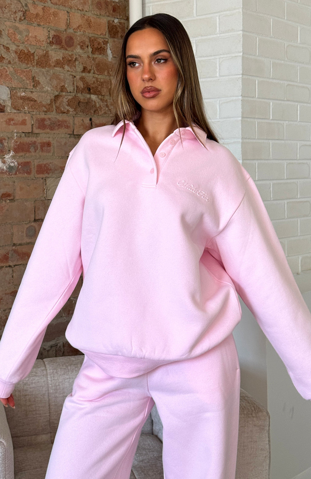 White Fox Chill Moves Oversized Henley Sweater Pink