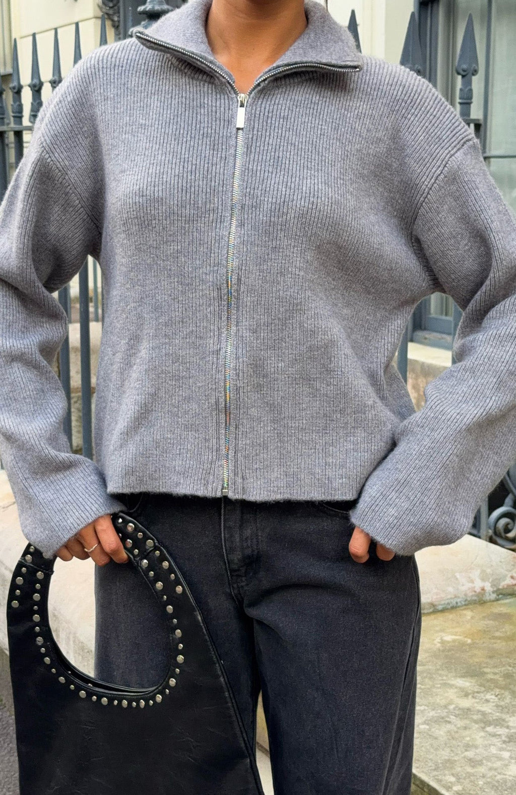 White Fox Violetta Zip Knit Cardigan Smokey Grey