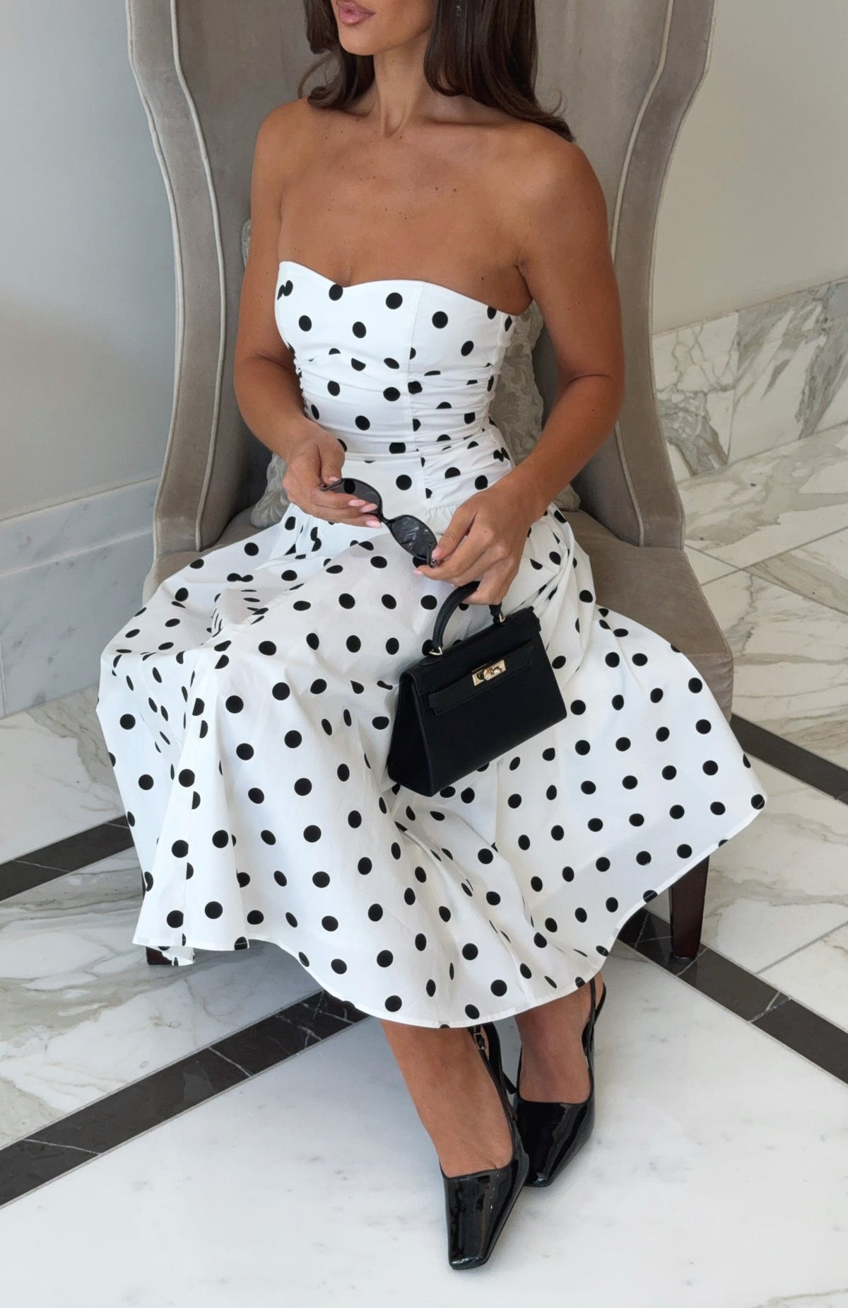 White Fox Rich In Love Strapless Midi Dress White/Black Polka Dot