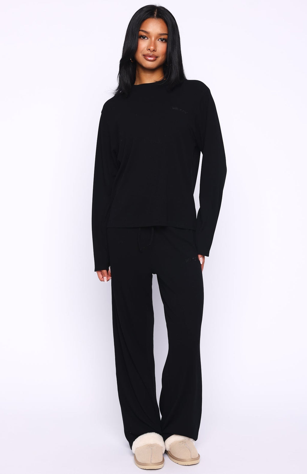 White Fox Come A Long Way Soft Lounge Long Sleeve Ribbed Tee Black