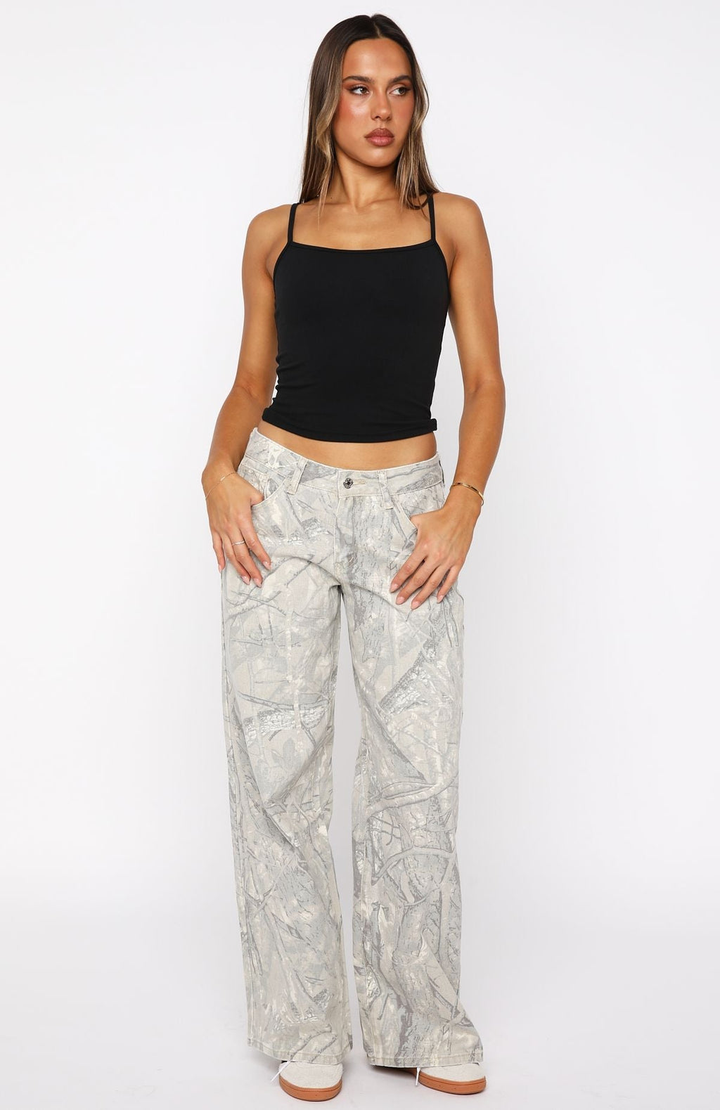 White Fox Maeve Low Rise Wide Leg Jeans Sand Camouflage