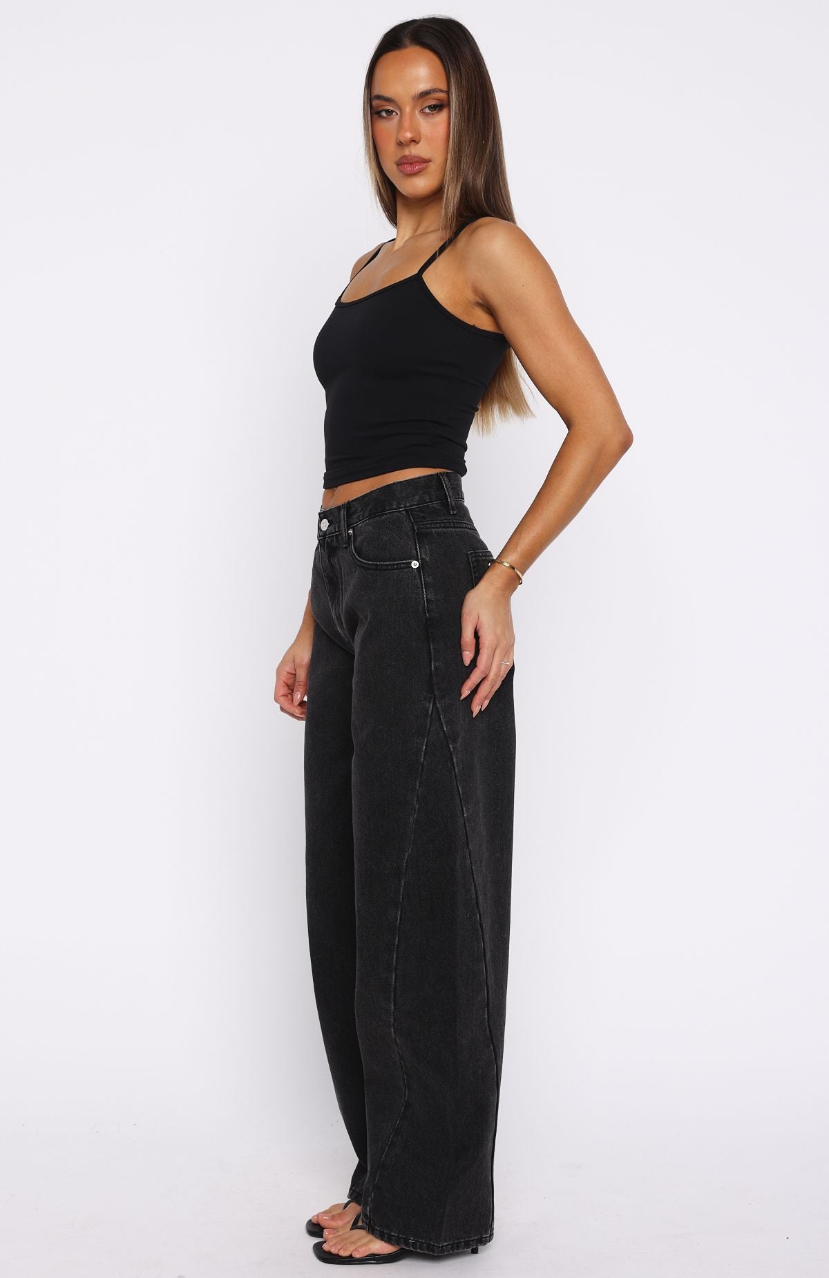 White Fox Kiara Mid Rise Barrel Leg Jeans Black Acid