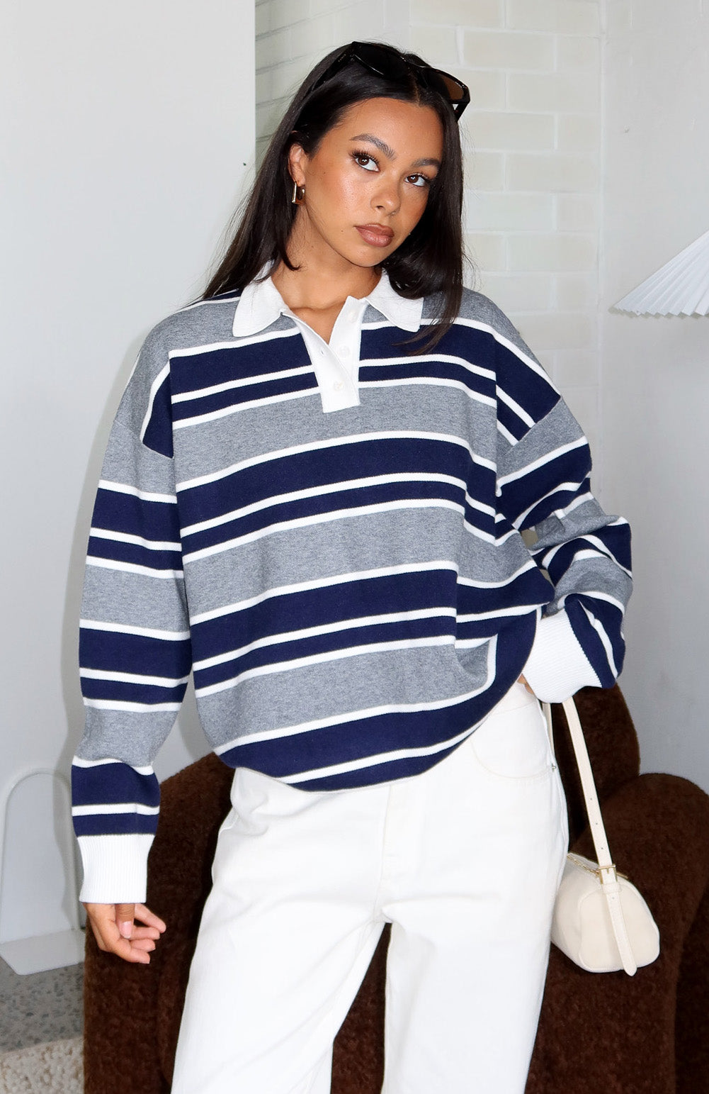 White Fox Soft Rewind Knit Sweater Navy Drift Stripe