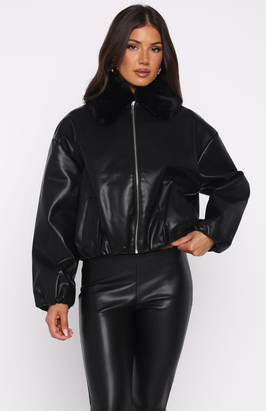 White Fox No Competition PU Bomber Jacket Black