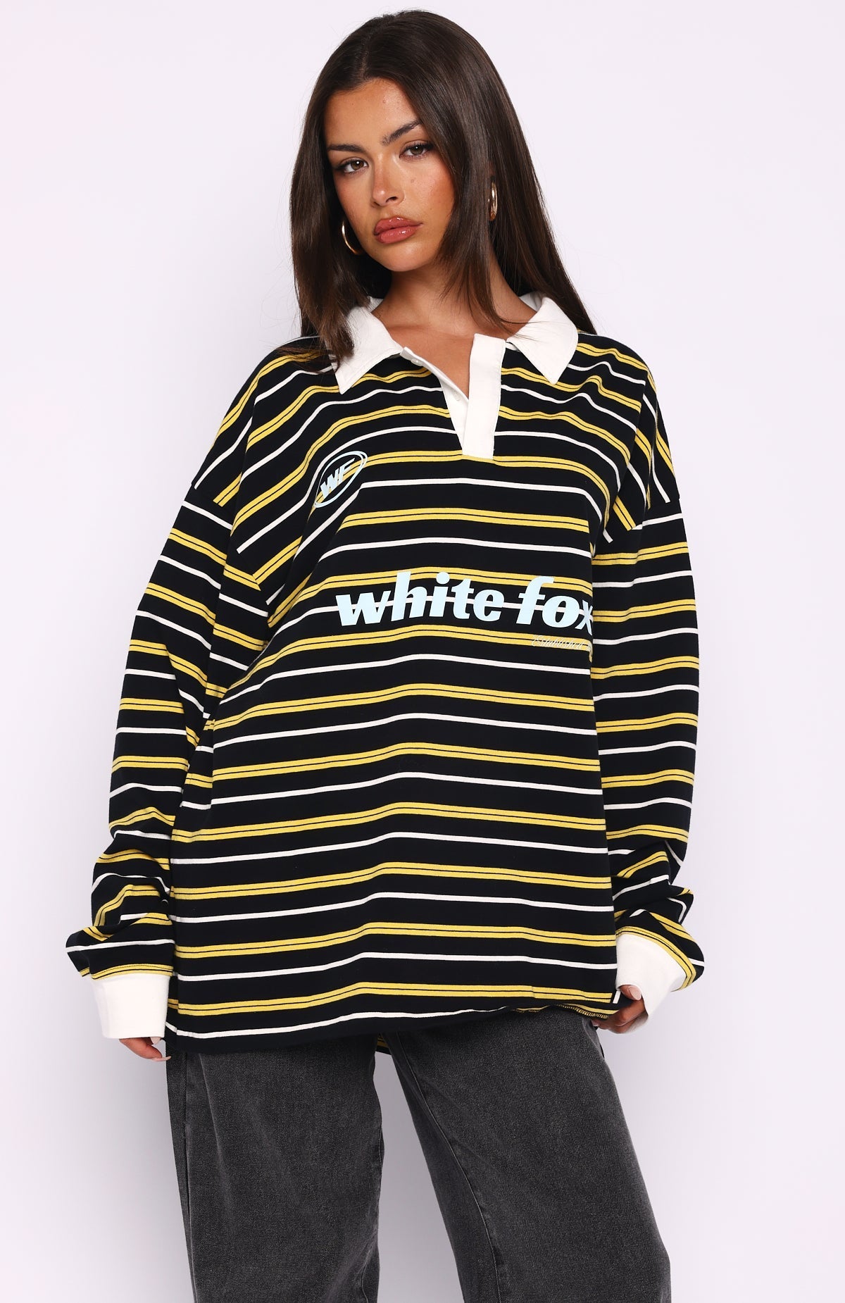 White Fox Gentle Affection Long Sleeve Rugby Shirt Black/Yellow Stripe