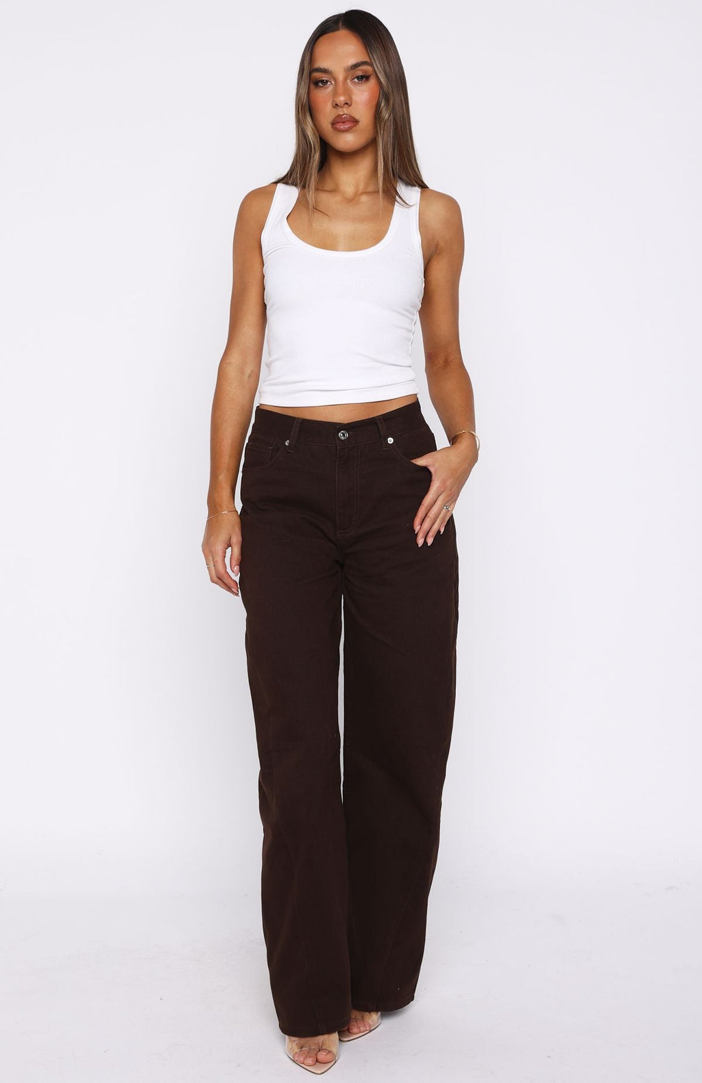 White Fox Kiara Mid Rise Barrel Leg Jeans Chocolate Wash