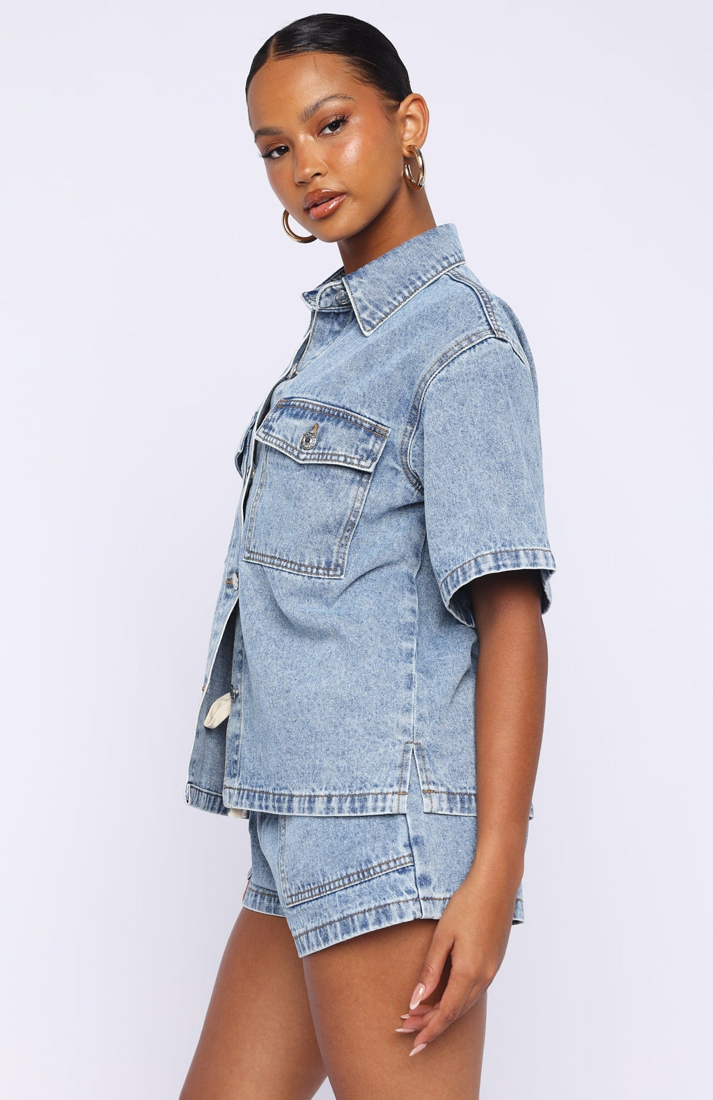 White Fox Denim Daydream Button Up Shirt Mid Blue