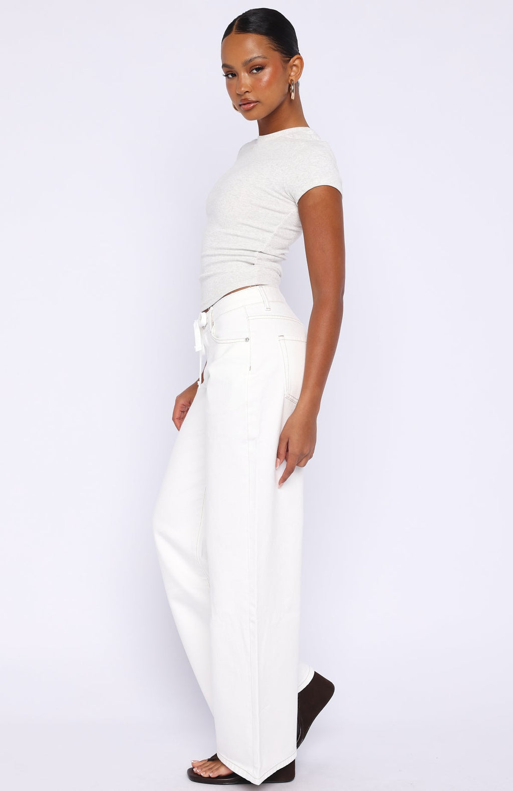 White Fox Kendall Mid Rise Wide Leg Jeans Off White