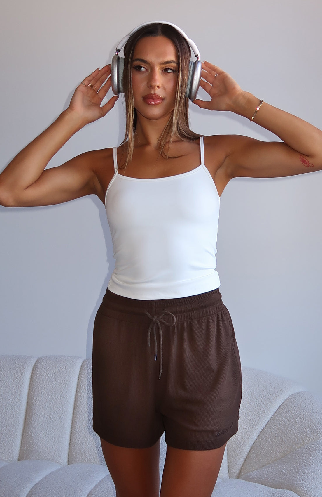 White Fox Come A Long Way Soft Lounge Ribbed Shorts Chocolate